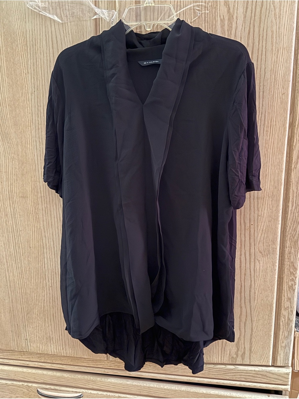 H by Halston Black Draped Short-Sleeve Blouse
